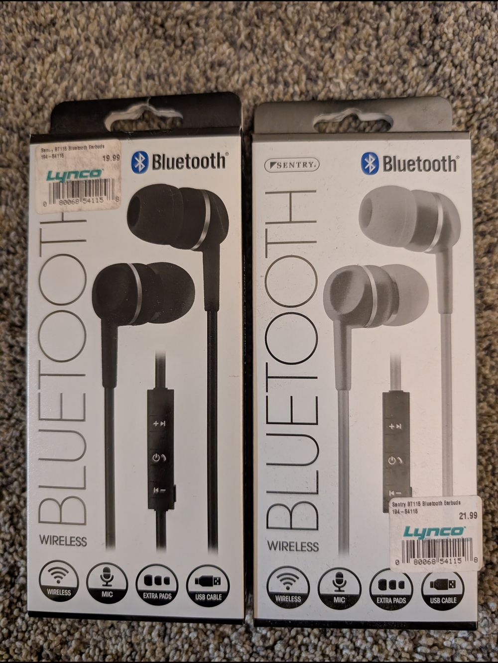 PAIR OF 2 - New In Box Sentry Bluetooth Wireless Earbud Headphones, Black & Grey